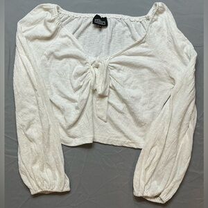 Angie White Long Sleeve Tie Front Crop Blouse